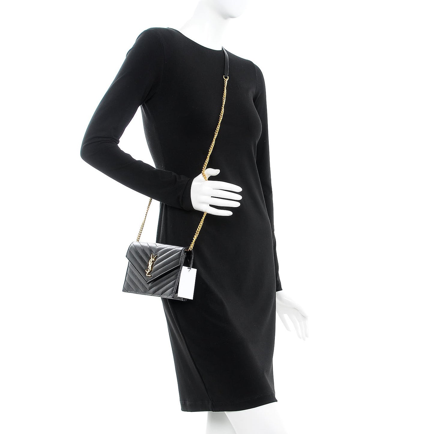 Grain De Poudre Matelasse Chevron Monogram Envelope Chain Wallet Black