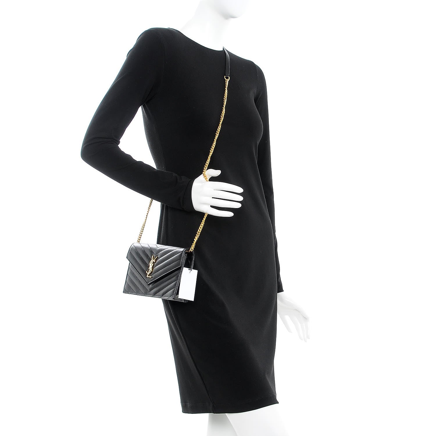Saint Laurent Grain De Poudre Matelasse Chevron Monogram Envelope Chain Wallet Black 2 of 8