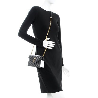 Saint Laurent Grain De Poudre Matelasse Chevron Monogram Envelope Chain Wallet Black 2 of 8