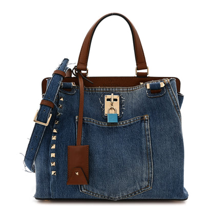 Valentino Garavani Calfskin Denim Rockstud Medium Joylock Satchel Blue 1 of 15