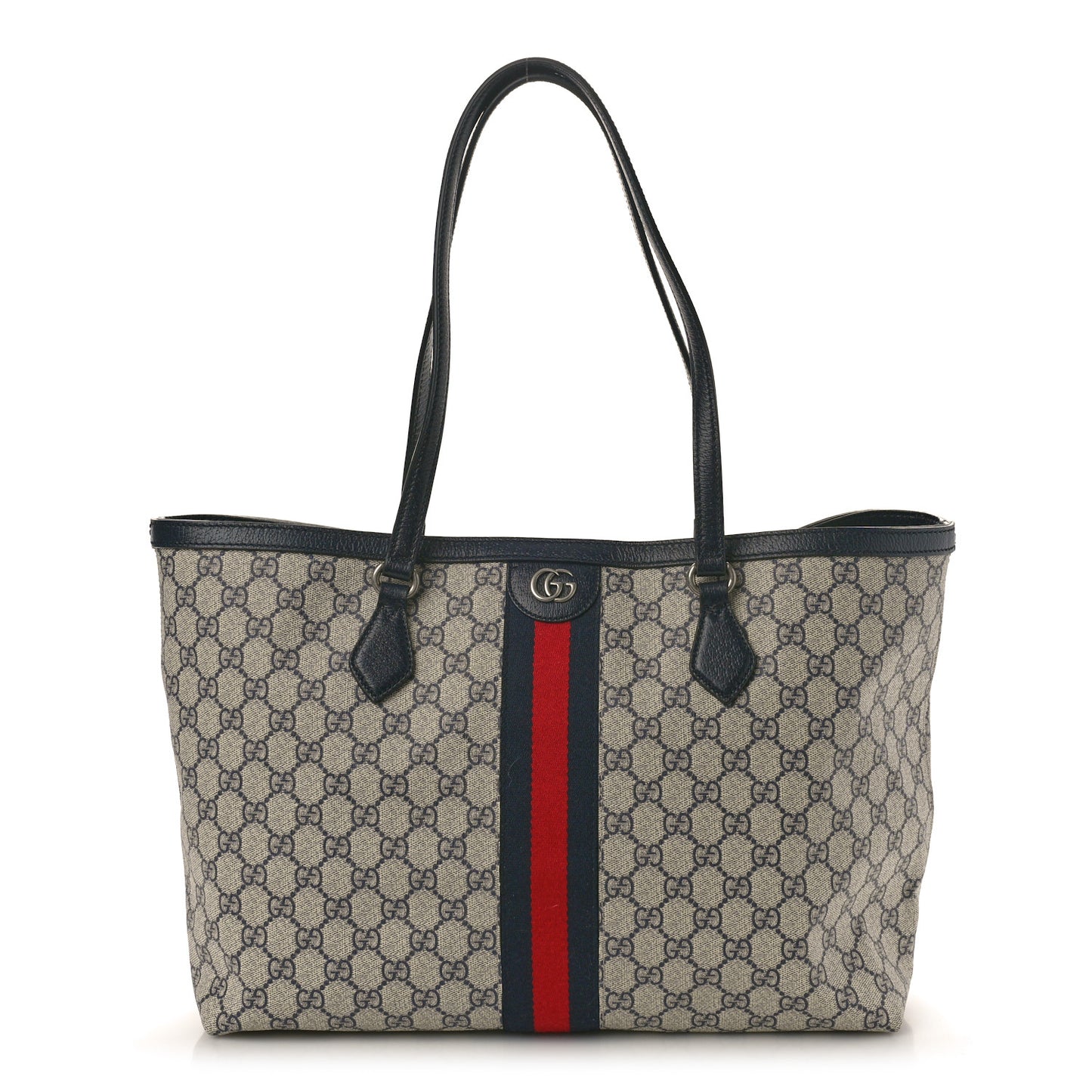 GG Supreme Monogram Textured Calfskin Web Medium Ophidia Shopping Tote Beige Blue