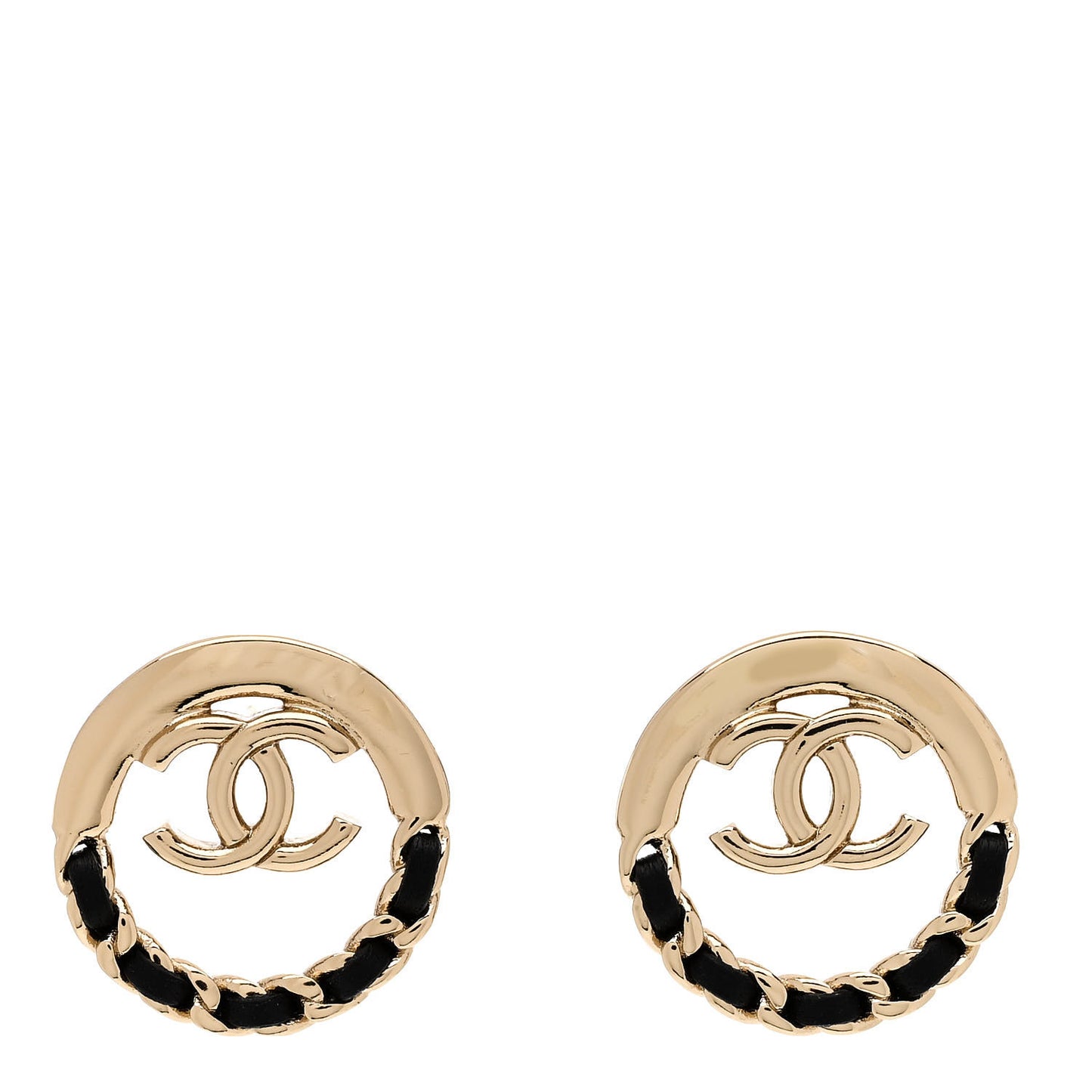 Lambskin Chain CC Round Earrings Gold Black