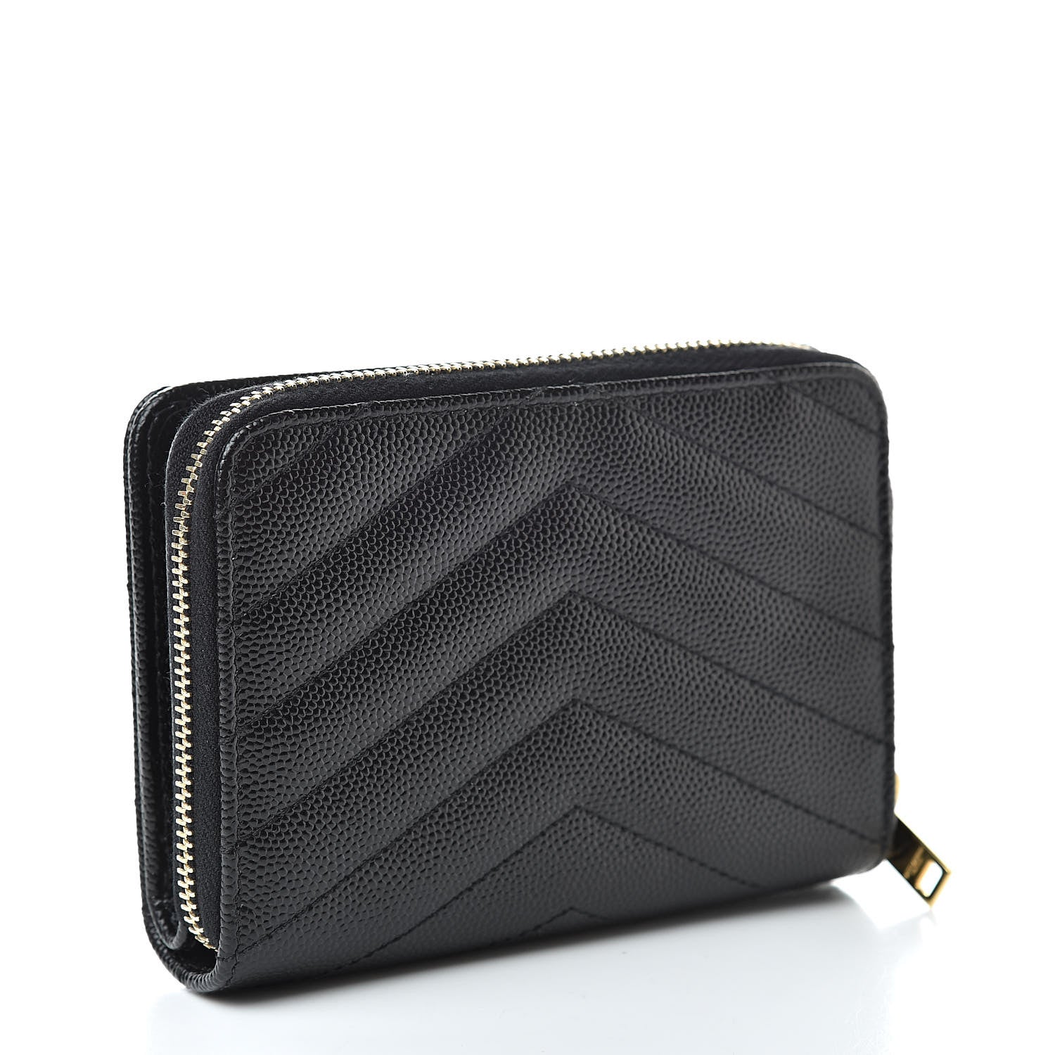 Saint Laurent Grain De Poudre Matelasse Chevron Monogram Compact Zip Around Wallet Black 3 of 9