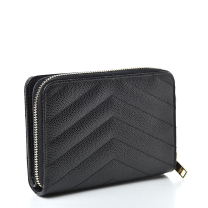 Saint Laurent Grain De Poudre Matelasse Chevron Monogram Compact Zip Around Wallet Black 3 of 9