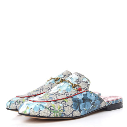 Gucci GG Supreme Monogram Blooms Womens Princetown Slippers 40 Beige Blue Navy Hibiscus Red 4 of 11