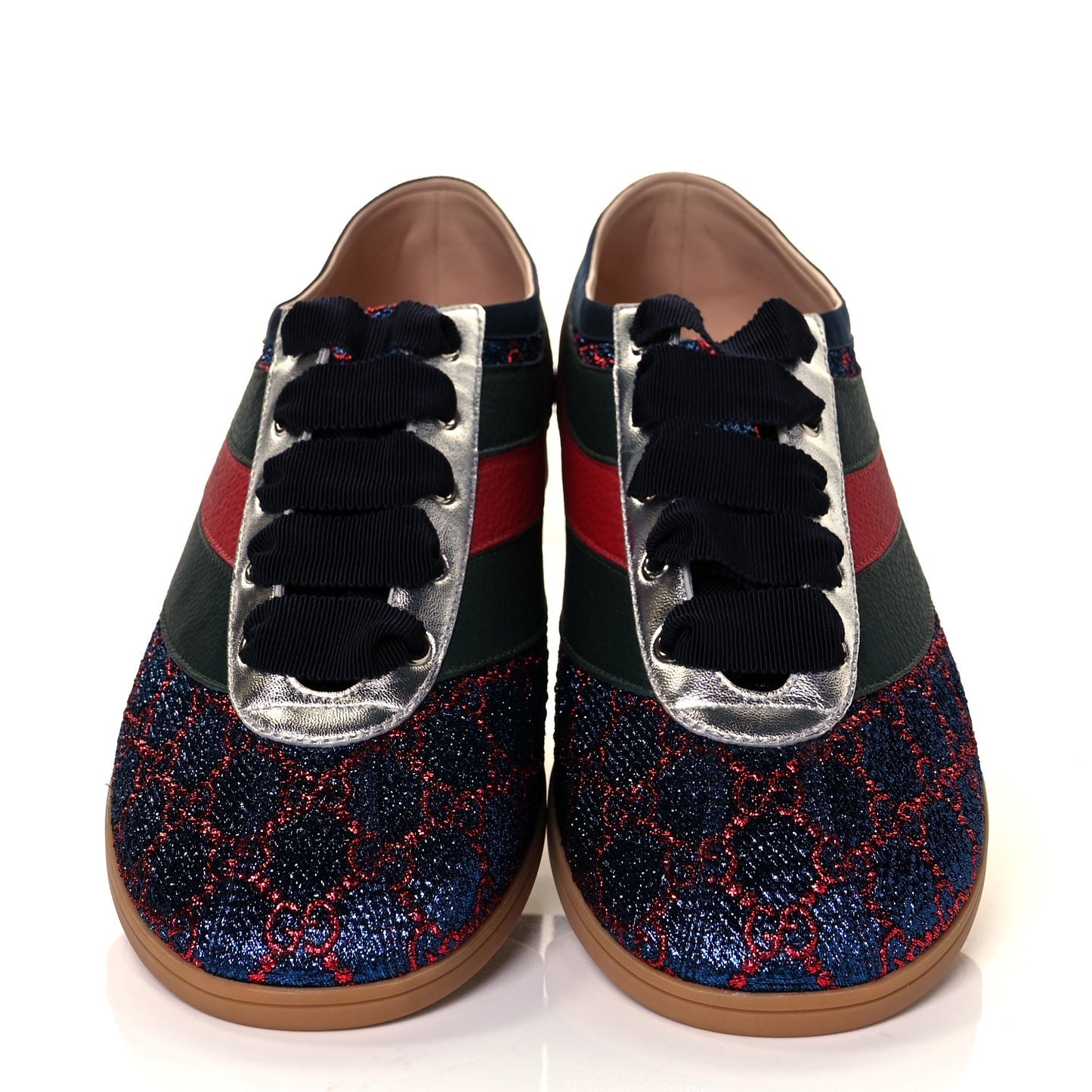 Lurex Calfskin Web GG Monogram Mens Falacer Sneakers 9 Iridescent Blue Iridescent Red Silver