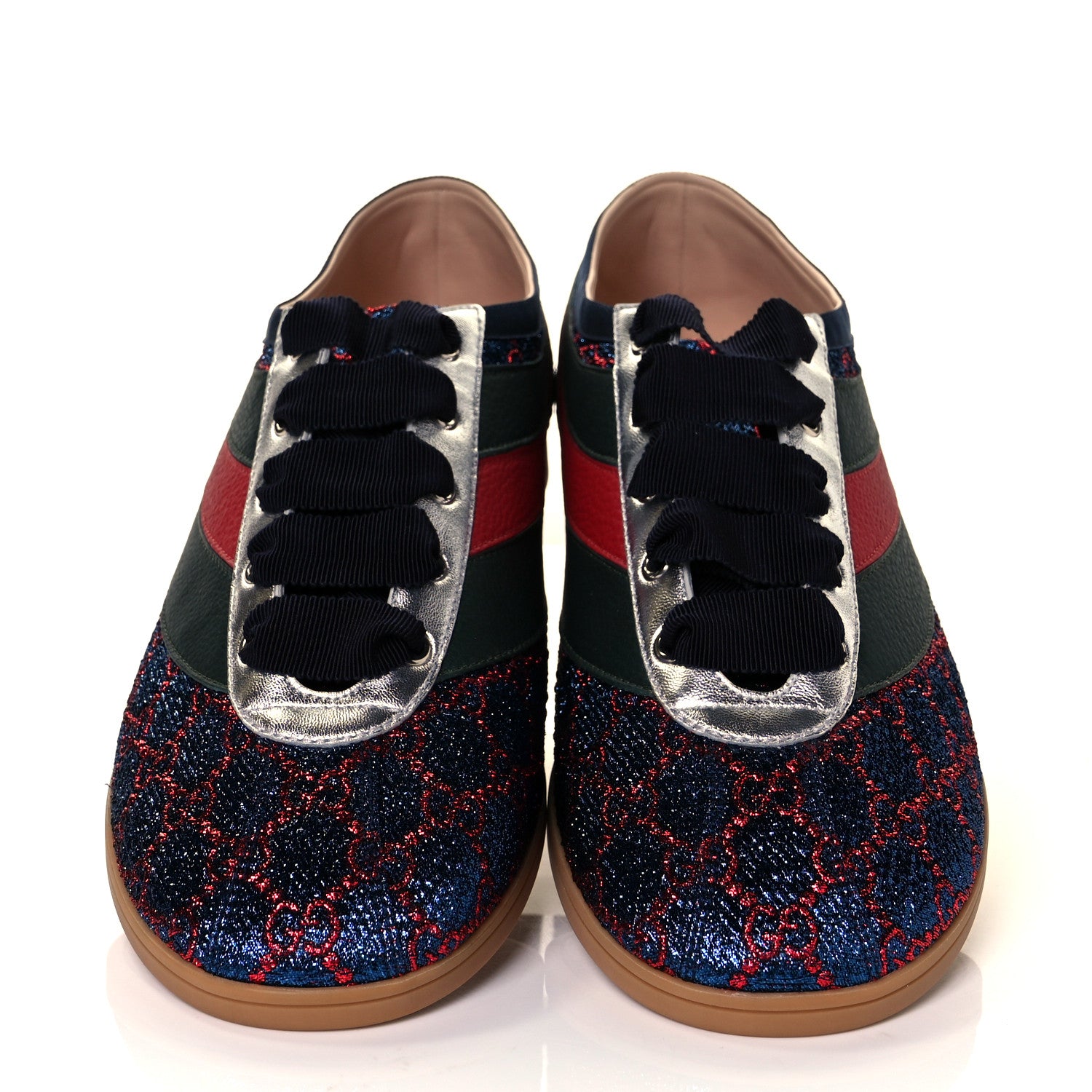 Gucci Lurex Calfskin Web GG Monogram Mens Falacer Sneakers 9 Iridescent Blue Iridescent Red Silver 2 of 10