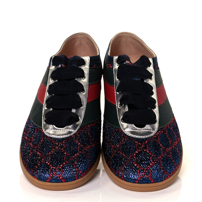 Gucci Lurex Calfskin Web GG Monogram Mens Falacer Sneakers 9 Iridescent Blue Iridescent Red Silver 2 of 10