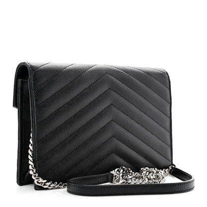 Saint Laurent Grain De Poudre Matelasse Chevron Monogram Envelope Chain Wallet Black 3 of 13