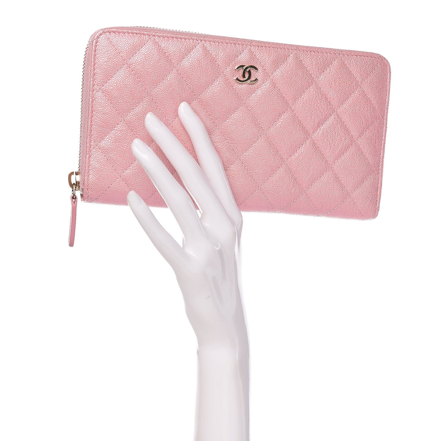 Iridescent Caviar Quilted Large Zip Around Organizer Wallet Pink