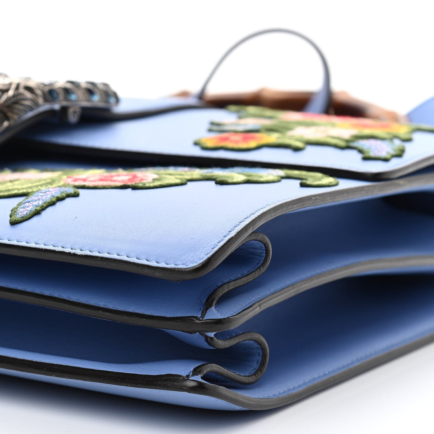 Moon Calfskin Crystal Web Embroidered Large Dionysus Bamboo Top Handle Bag Clear Sky Blue Multicolor