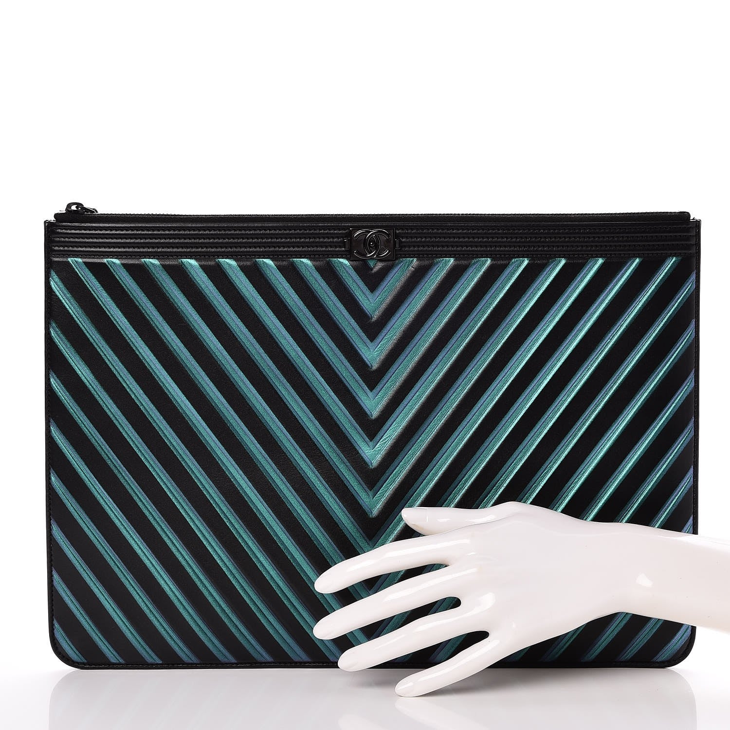 Chanel Calfskin Painted Chevron Embossed Boy Zip Pouch Black 2 of 8