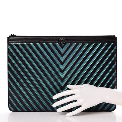 Chanel Calfskin Painted Chevron Embossed Boy Zip Pouch Black 2 of 8
