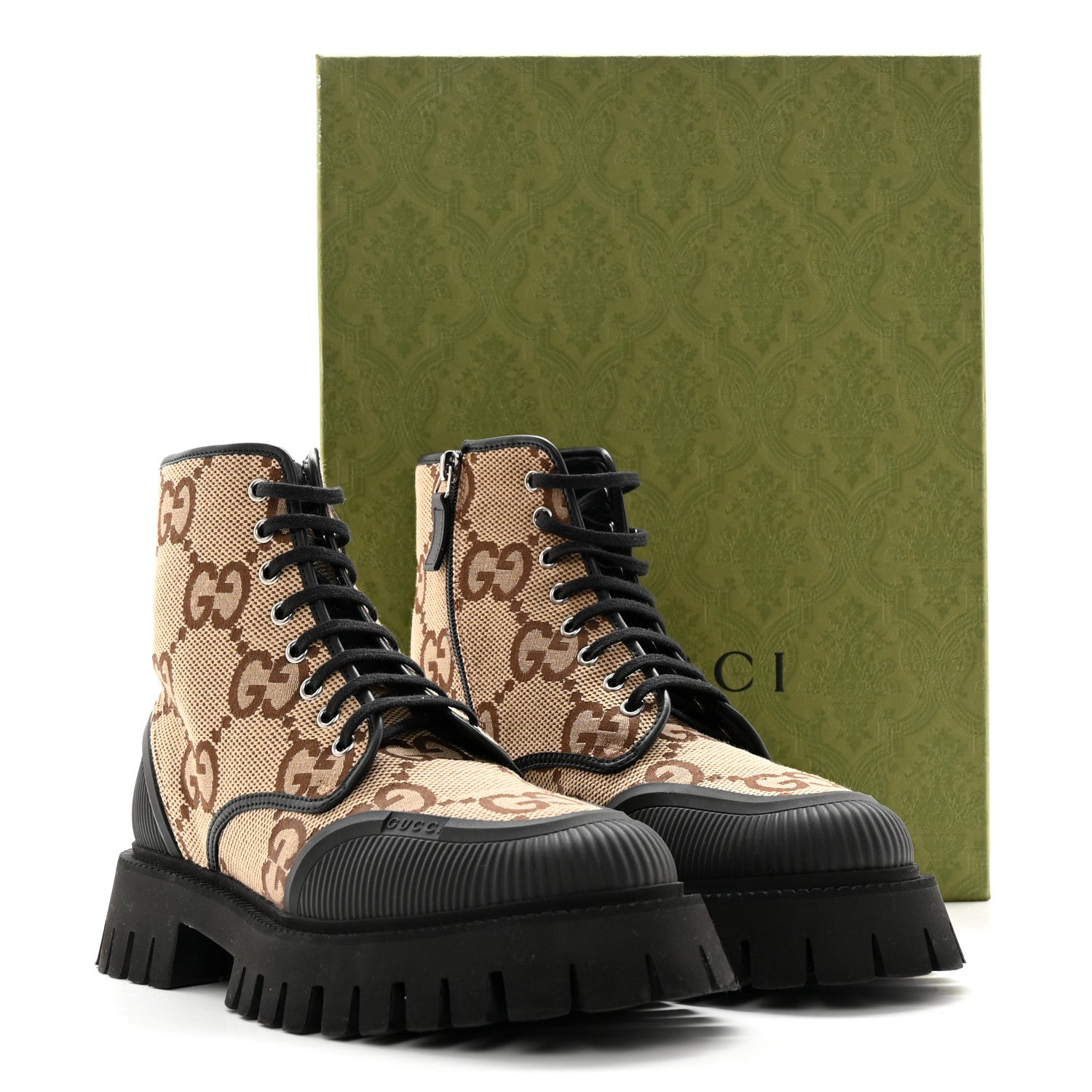 Gucci Monogram Jumbo GG Miro Soft Calfskin Mens Lace Up Combat Boots 8 Camel Ebony Black 12 of 12