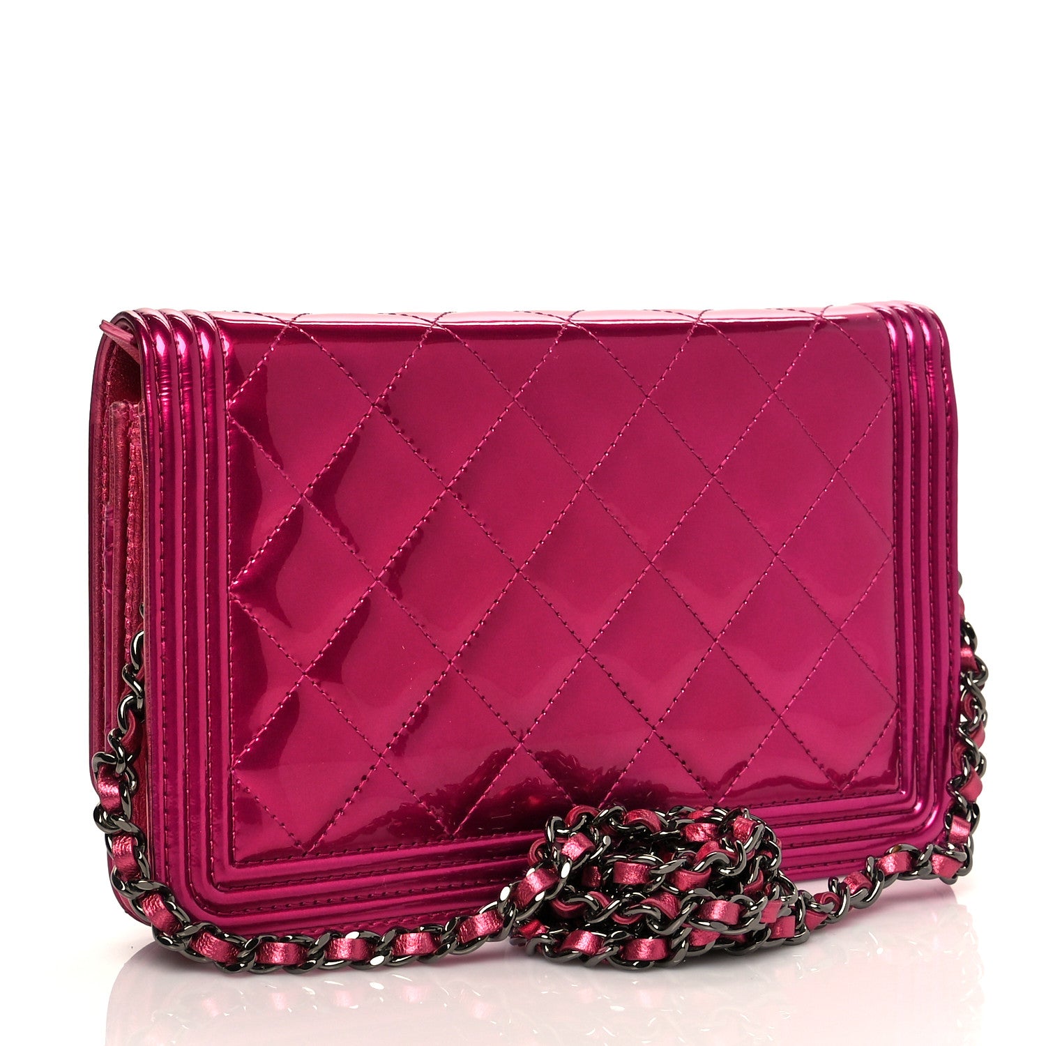 Chanel Metallic Patent Calfskin Quilted Boy Wallet On Chain WOC Fuchsia 3 of 10