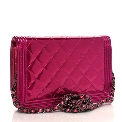Chanel Metallic Patent Calfskin Quilted Boy Wallet On Chain WOC Fuchsia 3 of 10