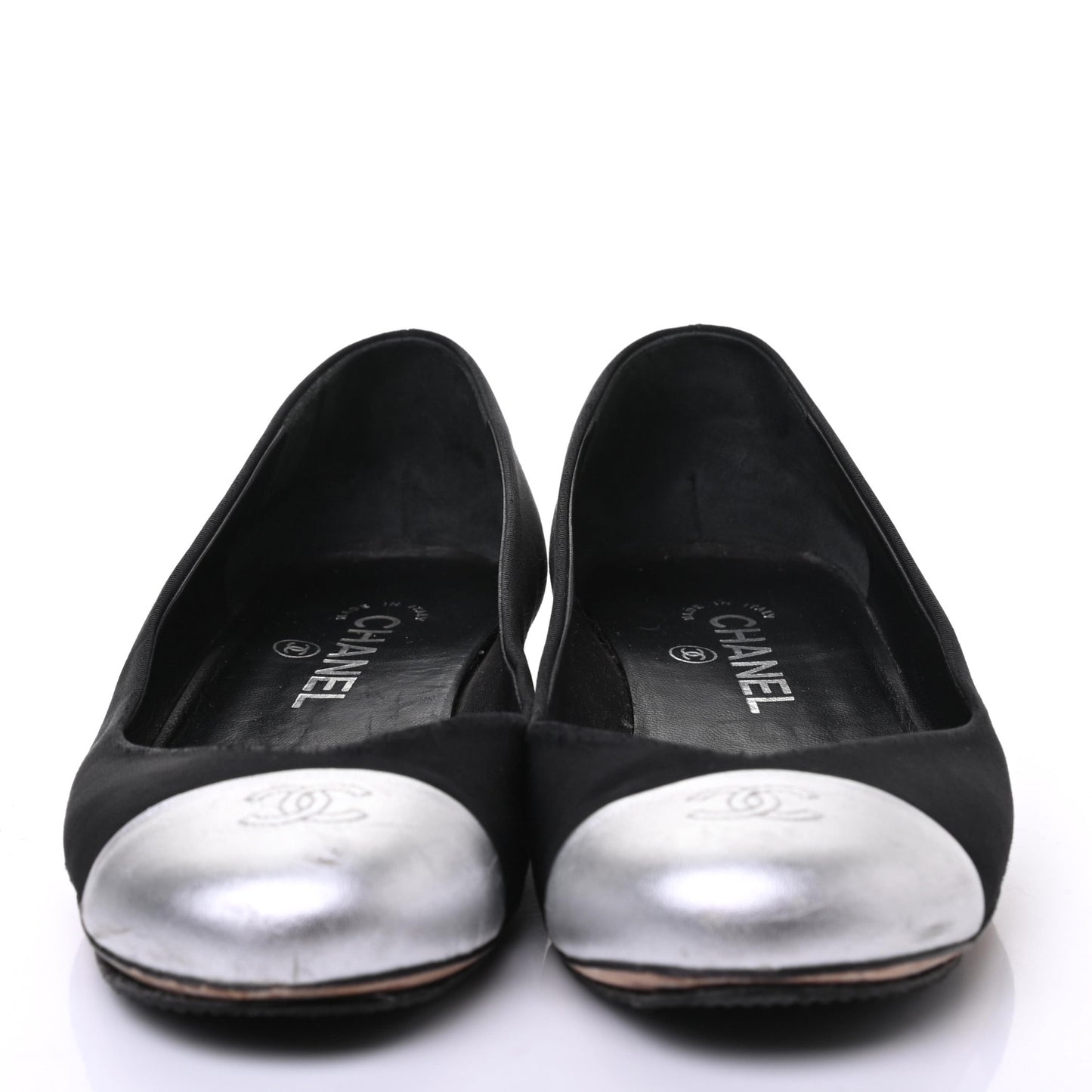Grosgrain Metallic Lambskin Cap Toe CC Ballerina Flats 37.5 Black Silver