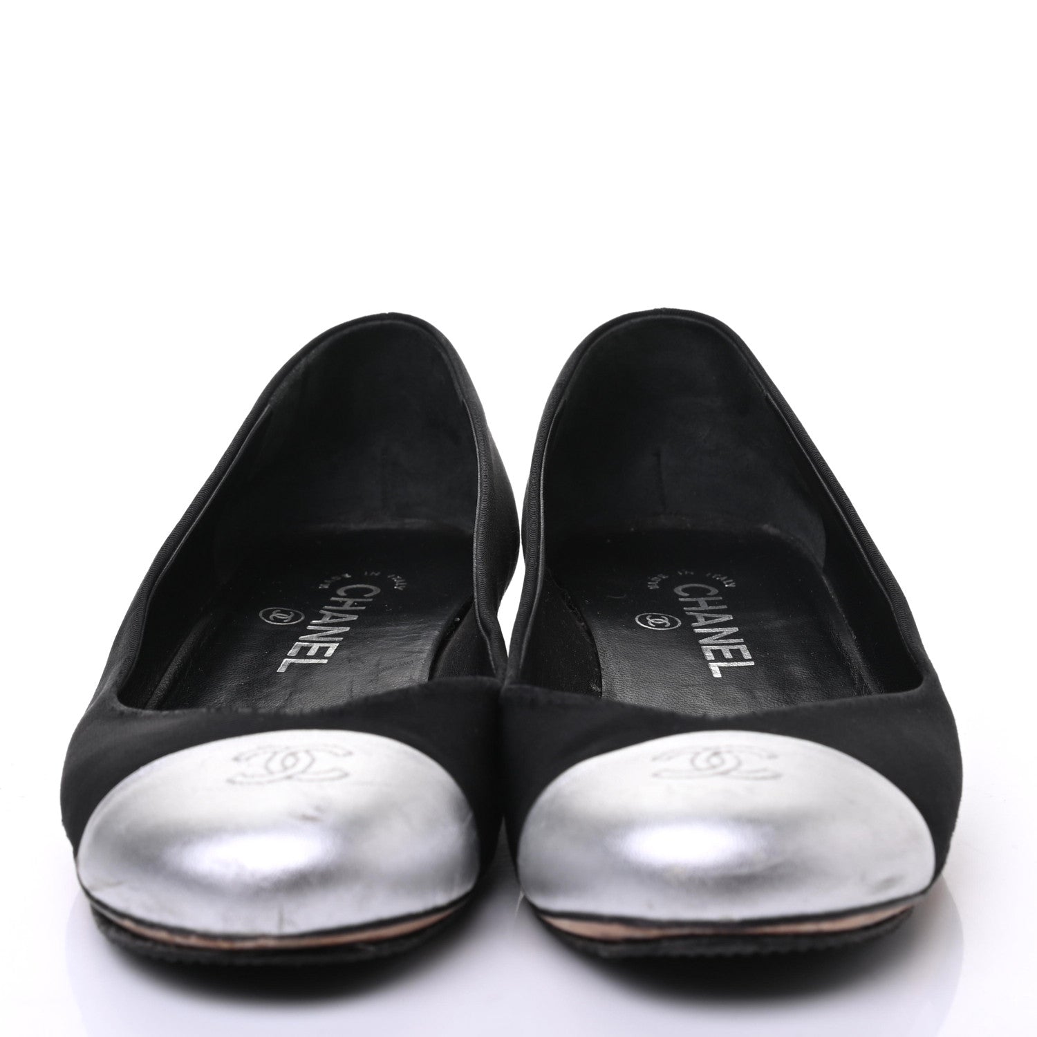 Chanel Grosgrain Metallic Lambskin Cap Toe CC Ballerina Flats 37.5 Black Silver 2 of 10