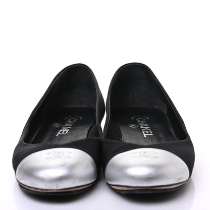 Chanel Grosgrain Metallic Lambskin Cap Toe CC Ballerina Flats 37.5 Black Silver 2 of 10