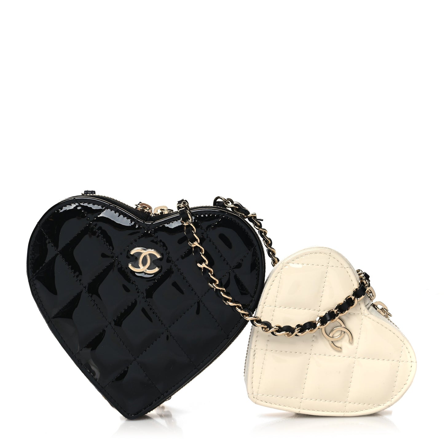 Patent Calfskin Resin Quilted CC Heart Clutch With Chain Black