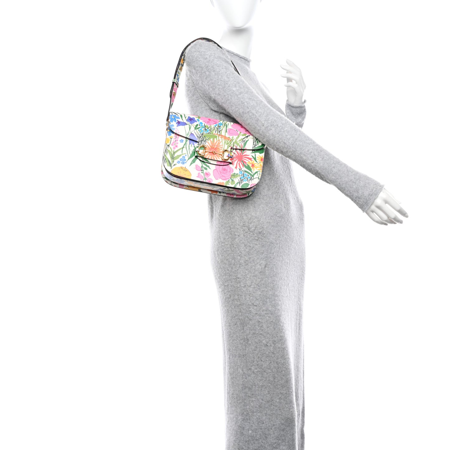 X KEN SCOTT New Shangai Calfskin Jardin D'Avril Floral Print Horsebit 1955 Shoulder Bag Ivory Pink Wild Rose