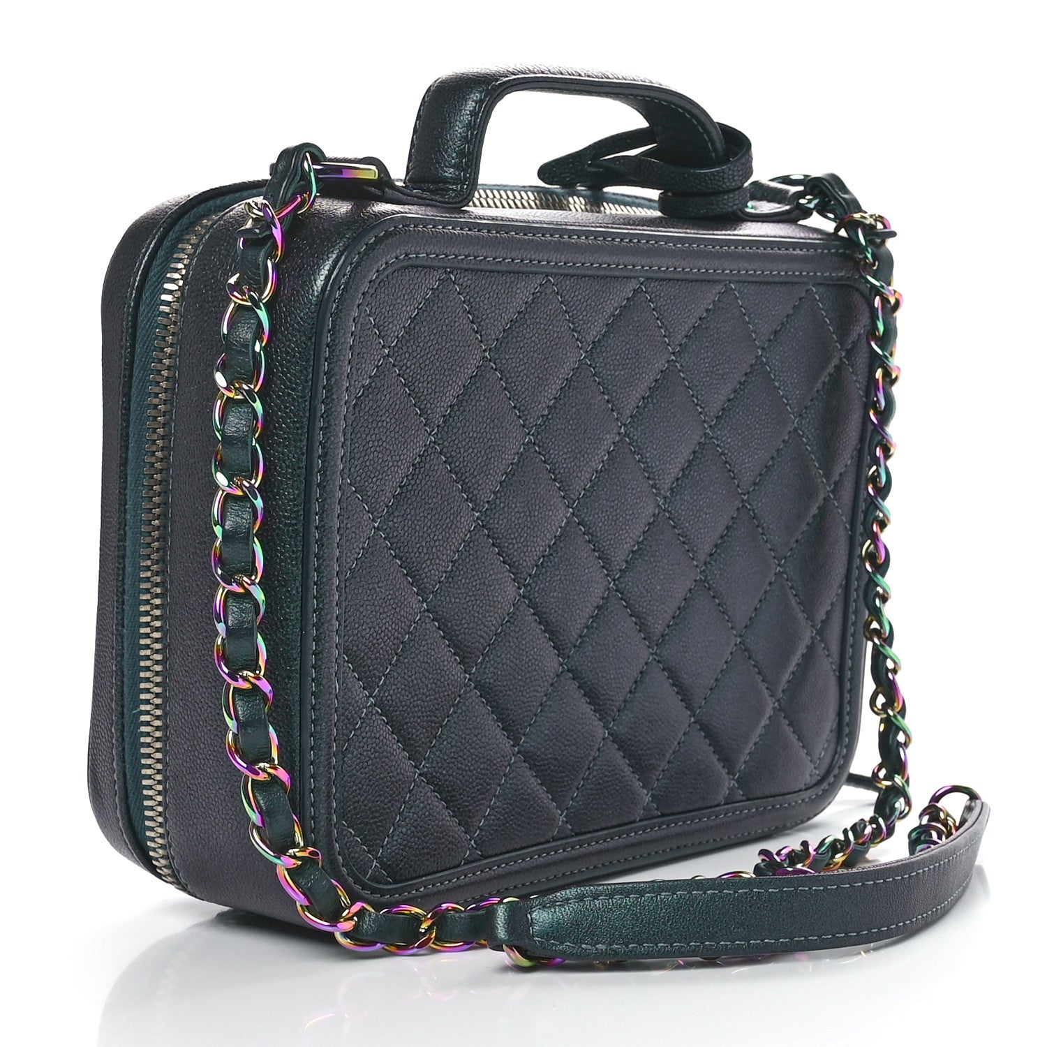 Chanel Iridescent Caviar Quilted Medium CC Filigree Vanity Case Dark Turquoise 3 of 11