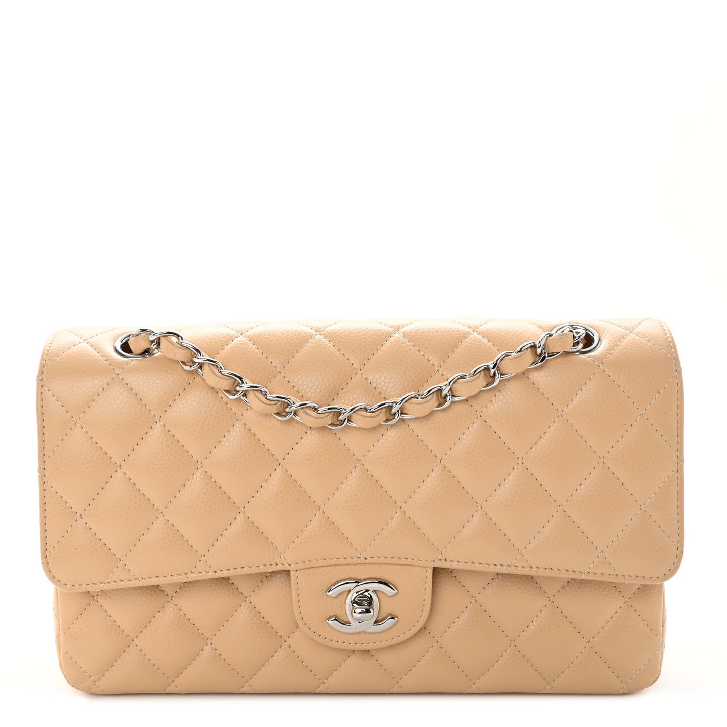 Caviar Quilted Medium Double Flap Beige