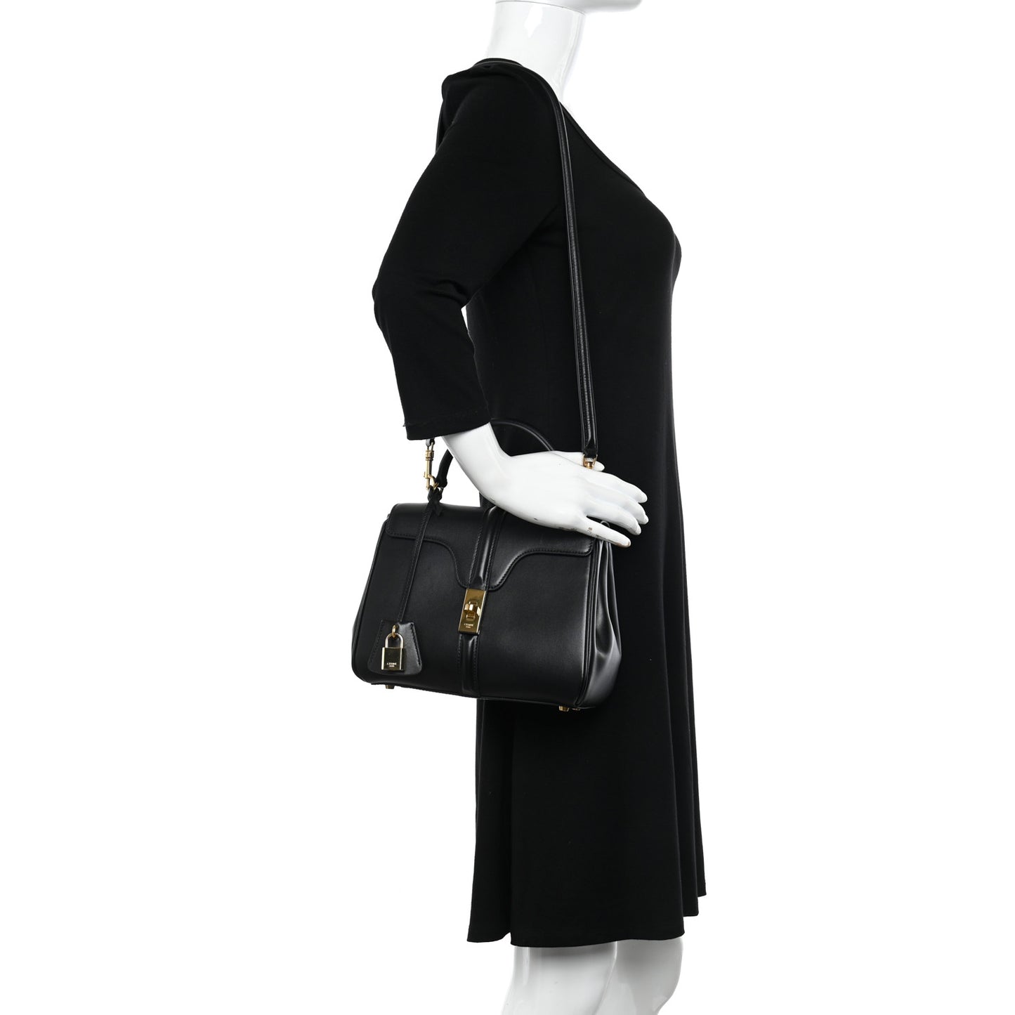 Satinated Calfskin Small 16 Top Handle Bag Black