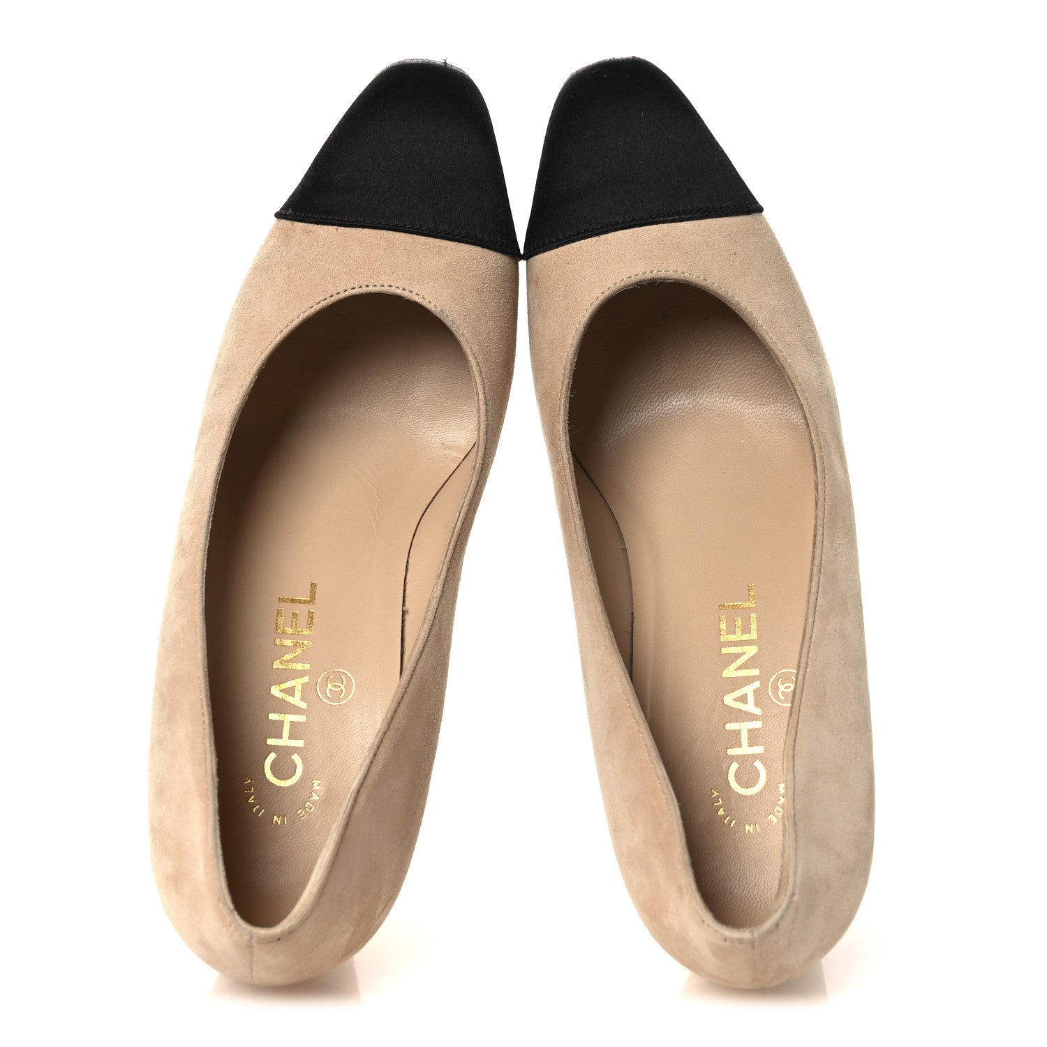 Chanel Suede Satin Cap Toe Low Heel Pumps 36 Beige Black 2 of 16