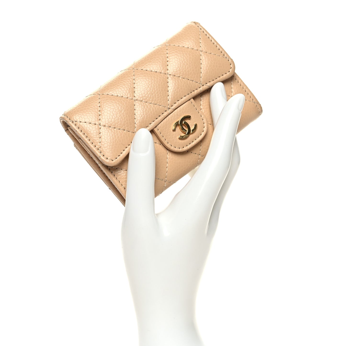 Caviar Quilted Flap Card Holder Wallet Beige