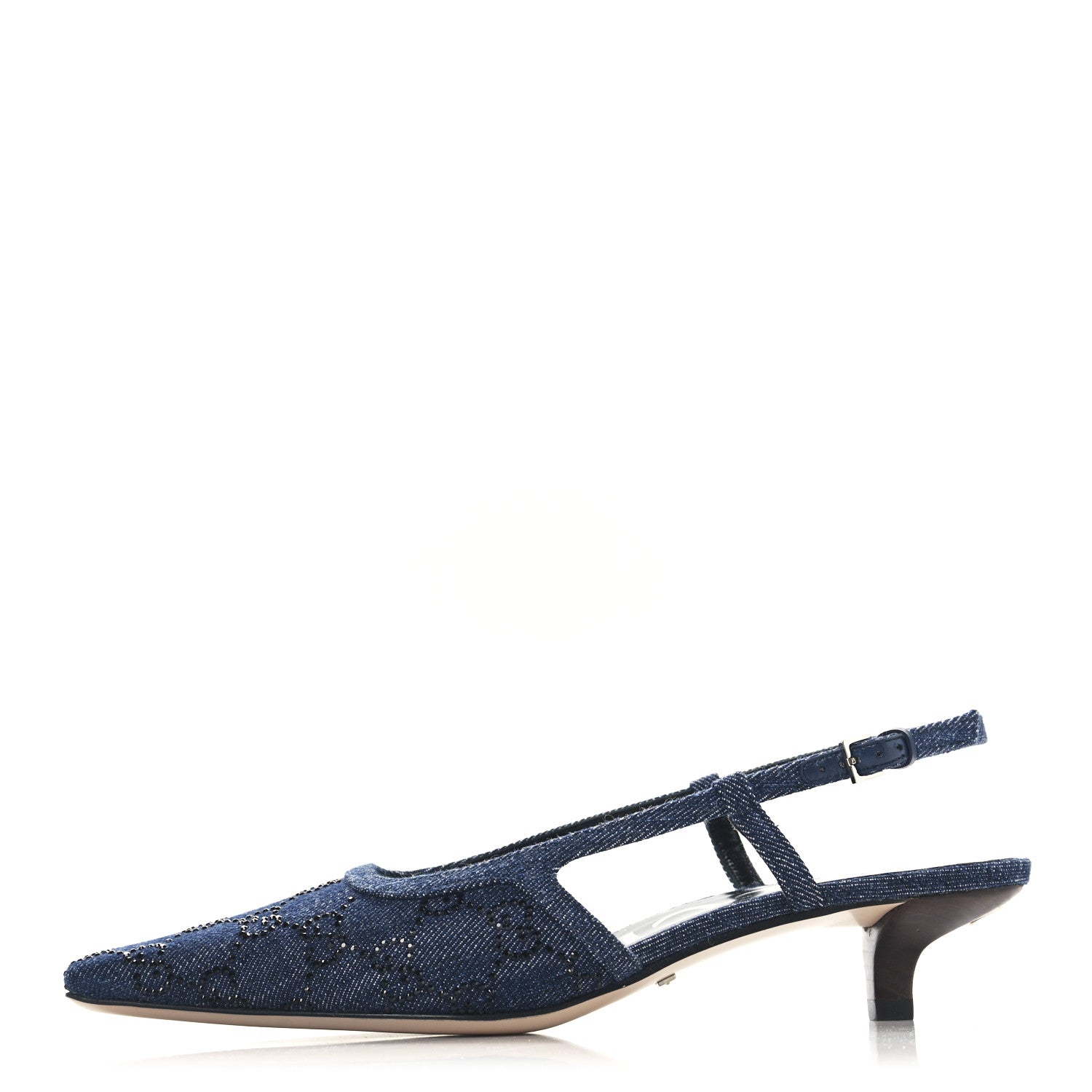 Gucci Denim GG Monogram Malaga Kid Crystal Square G 35mm Slingback Pumps 37.5 Blue 1 of 10