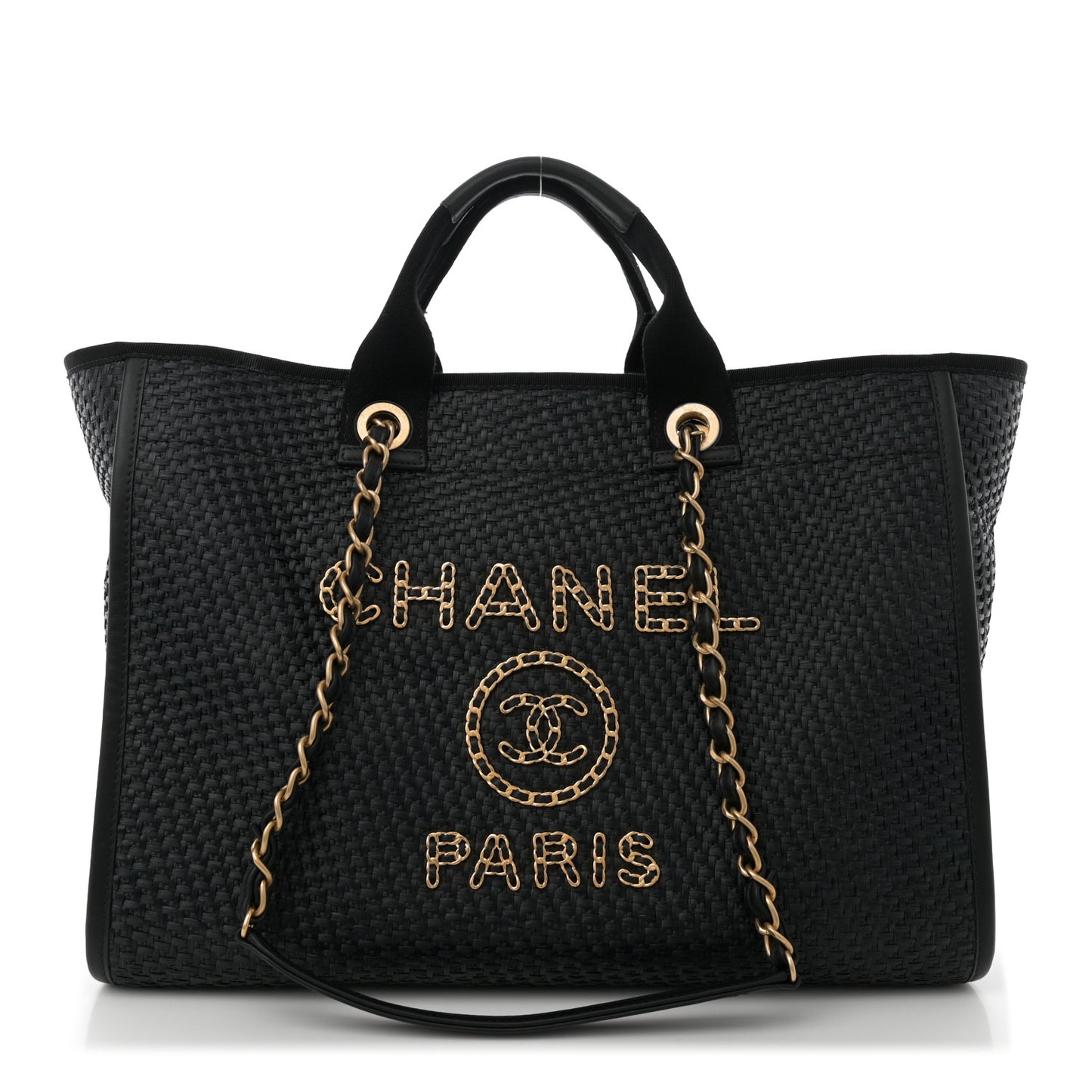 Straw Raffia Calfskin Chain Medium Deauville Black