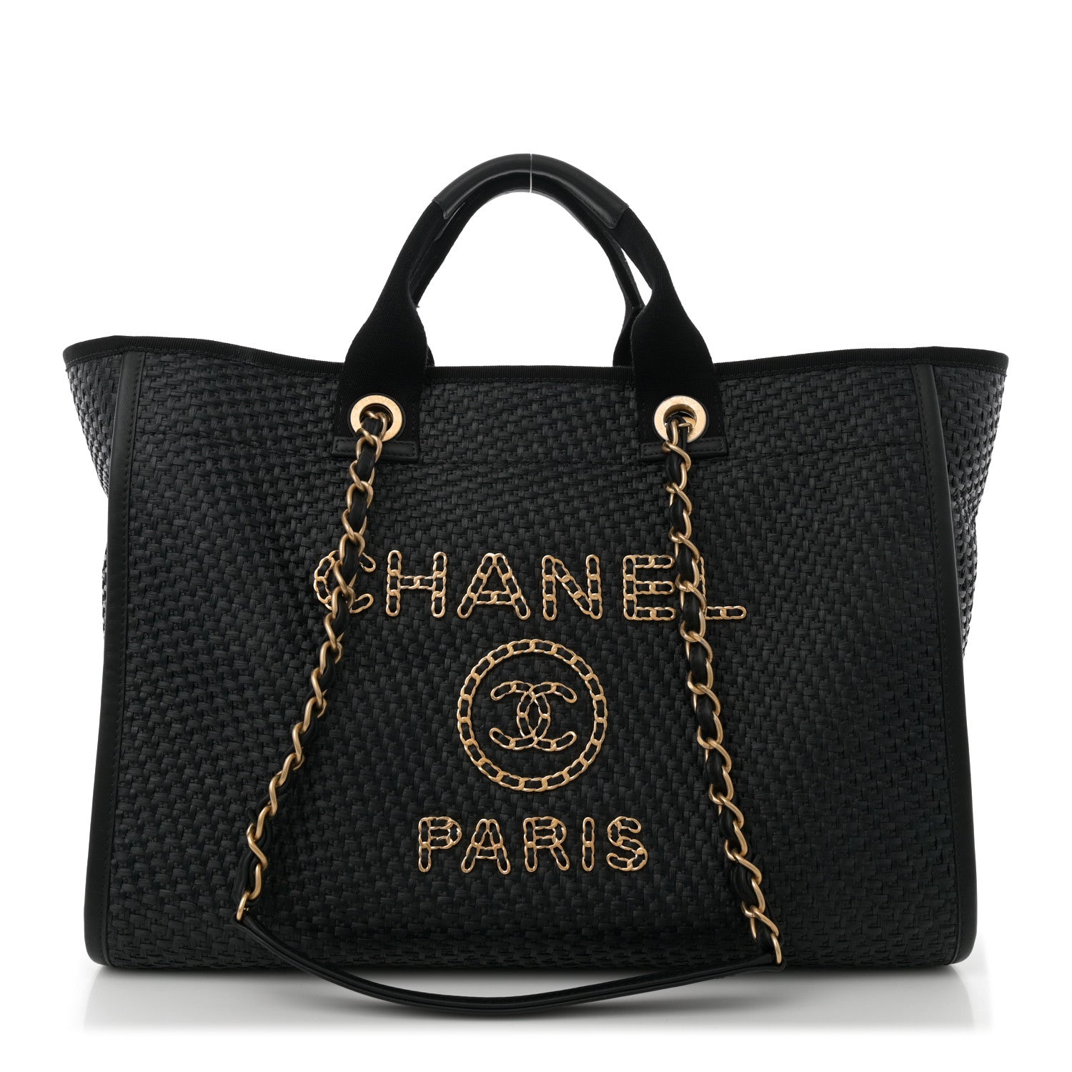 Chanel Straw Raffia Calfskin Chain Medium Deauville Black 1 of 10