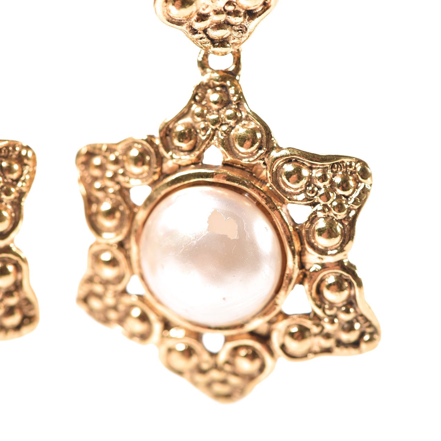 Hammered Medallion CC Dangle Clip On Earrings Gold