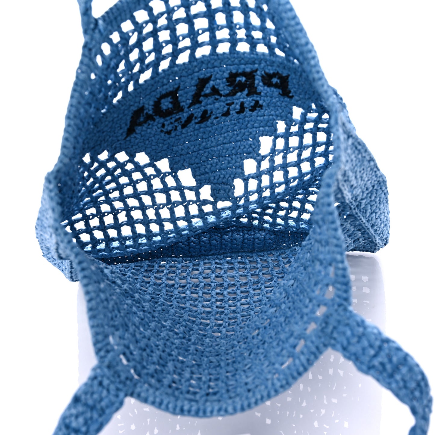 Yarn Raffia Effect Crochet Logo Embroidered Tote Bag Celeste