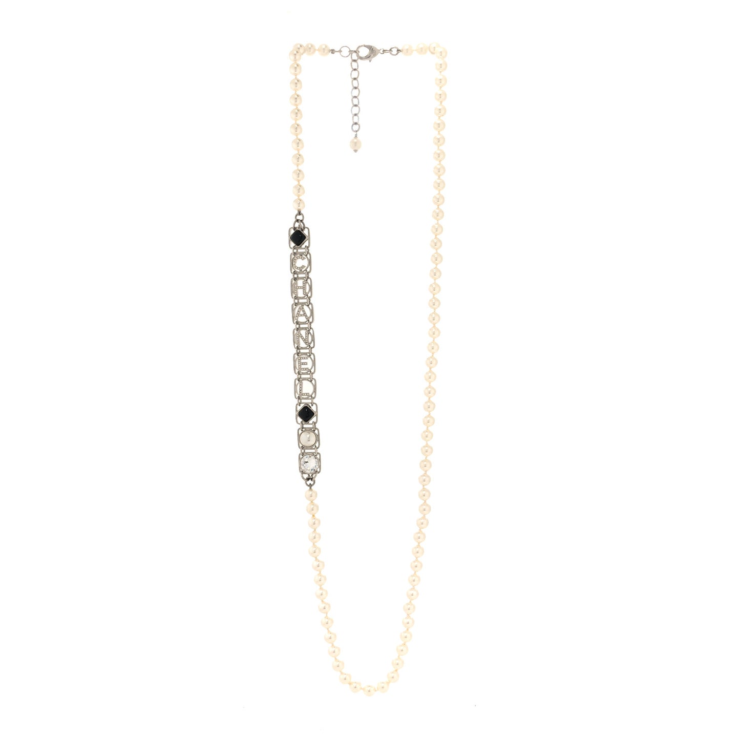 Crystal Pearl Resin Chanel Logo Long Necklace Silver Pearly White Black