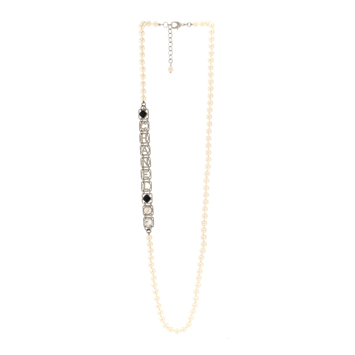 Chanel Crystal Pearl Resin Chanel Logo Long Necklace Silver Pearly White Black 3 of 5