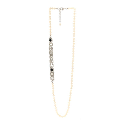 Chanel Crystal Pearl Resin Chanel Logo Long Necklace Silver Pearly White Black 3 of 5