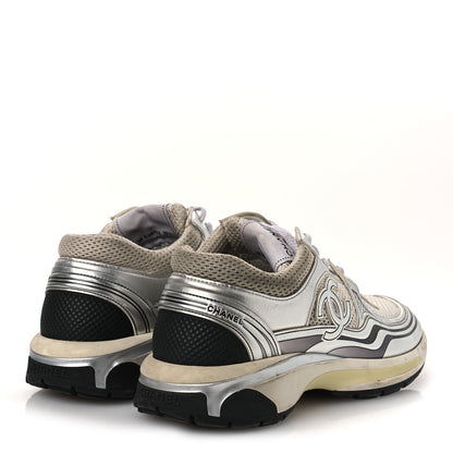 Chanel Fabric Laminated Calfskin Stretch CC Sneakers 39.5 White Silver 5 of 14
