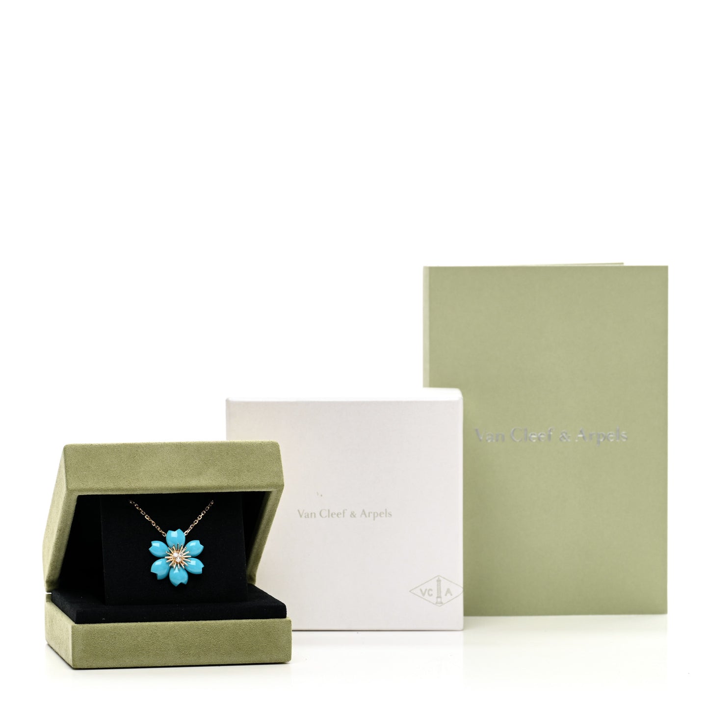 18K Yellow Gold Diamond Turquoise Mini Rose De Noel Pendant Necklace