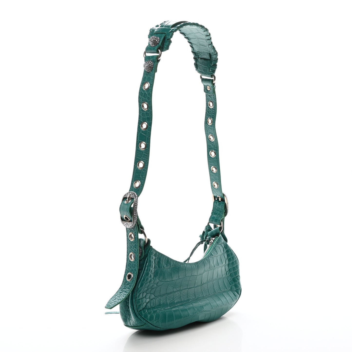 Extra Supple Calfskin Crystal Crocodile Embossed Le Cagole Shoulder Bag XS Jade
