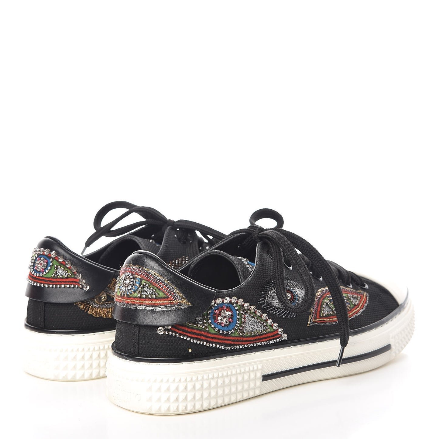Canvas Applique Embroidered Low Top Sneakers 37 Black