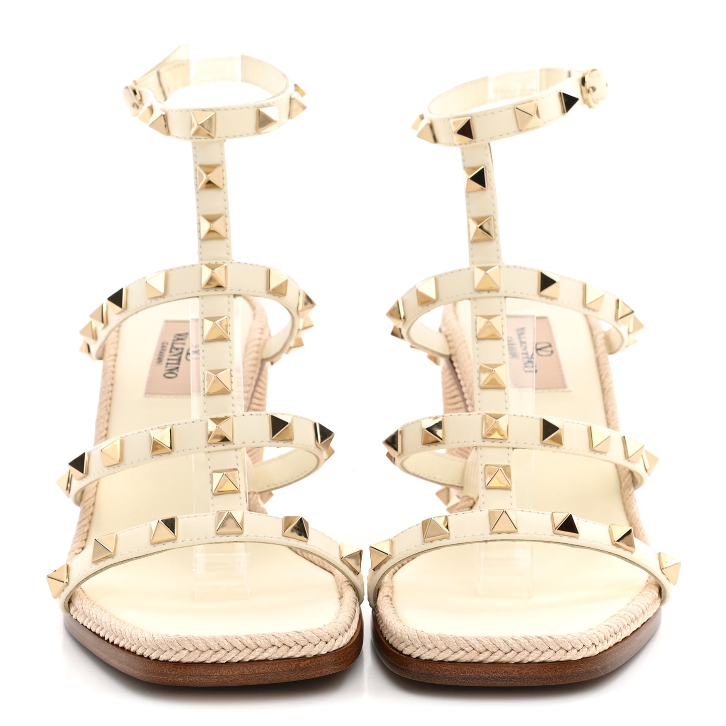 Raffia Calfskin Rockstud Ankle Strap Espadrille Caged Wedge Sandals 35 Ivory