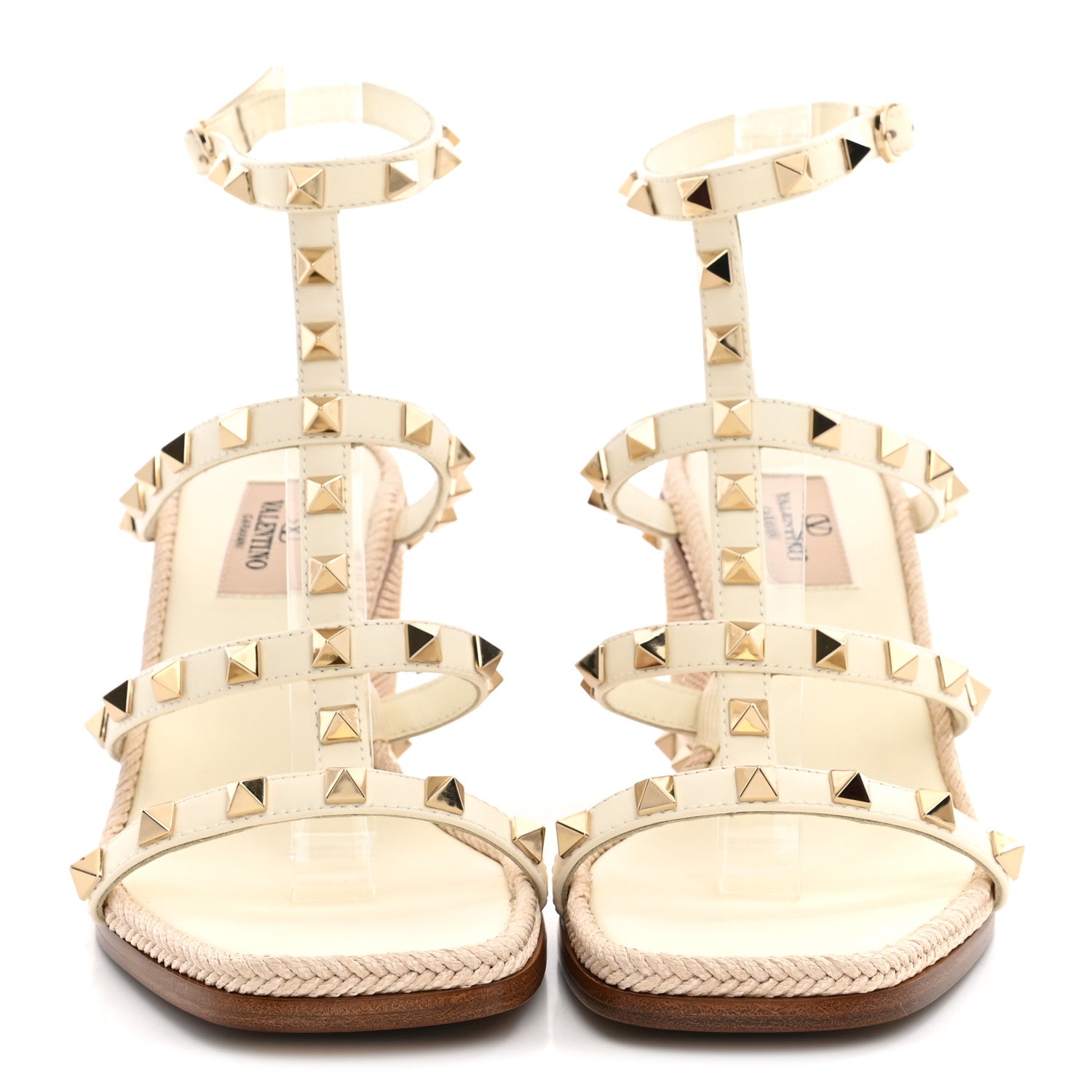Valentino Garavani Raffia Calfskin Rockstud Ankle Strap Espadrille Caged Wedge Sandals 35 Ivory 3 of 10