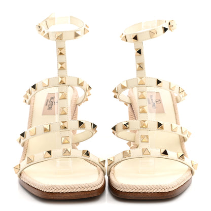 Valentino Garavani Raffia Calfskin Rockstud Ankle Strap Espadrille Caged Wedge Sandals 35 Ivory 3 of 10