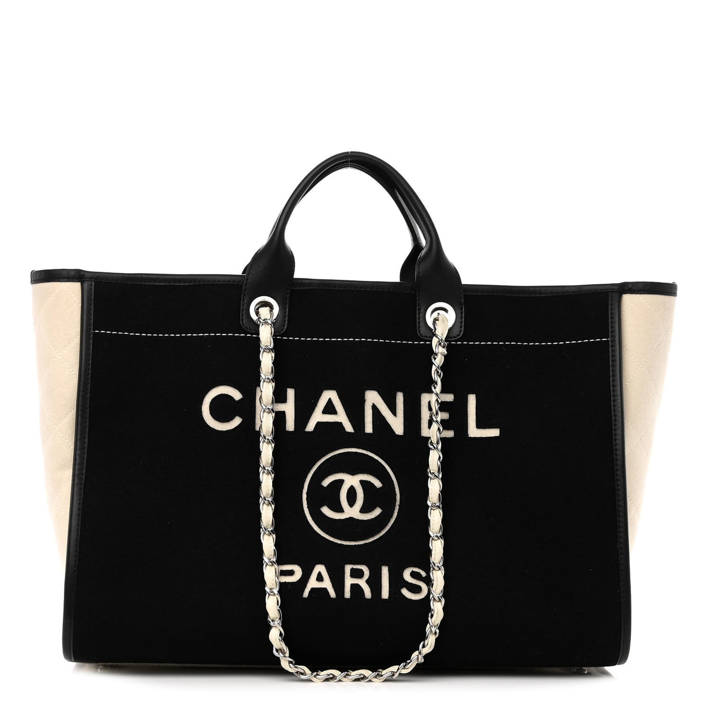 Wool Felt Calfskin Large Deauville Tote Black White