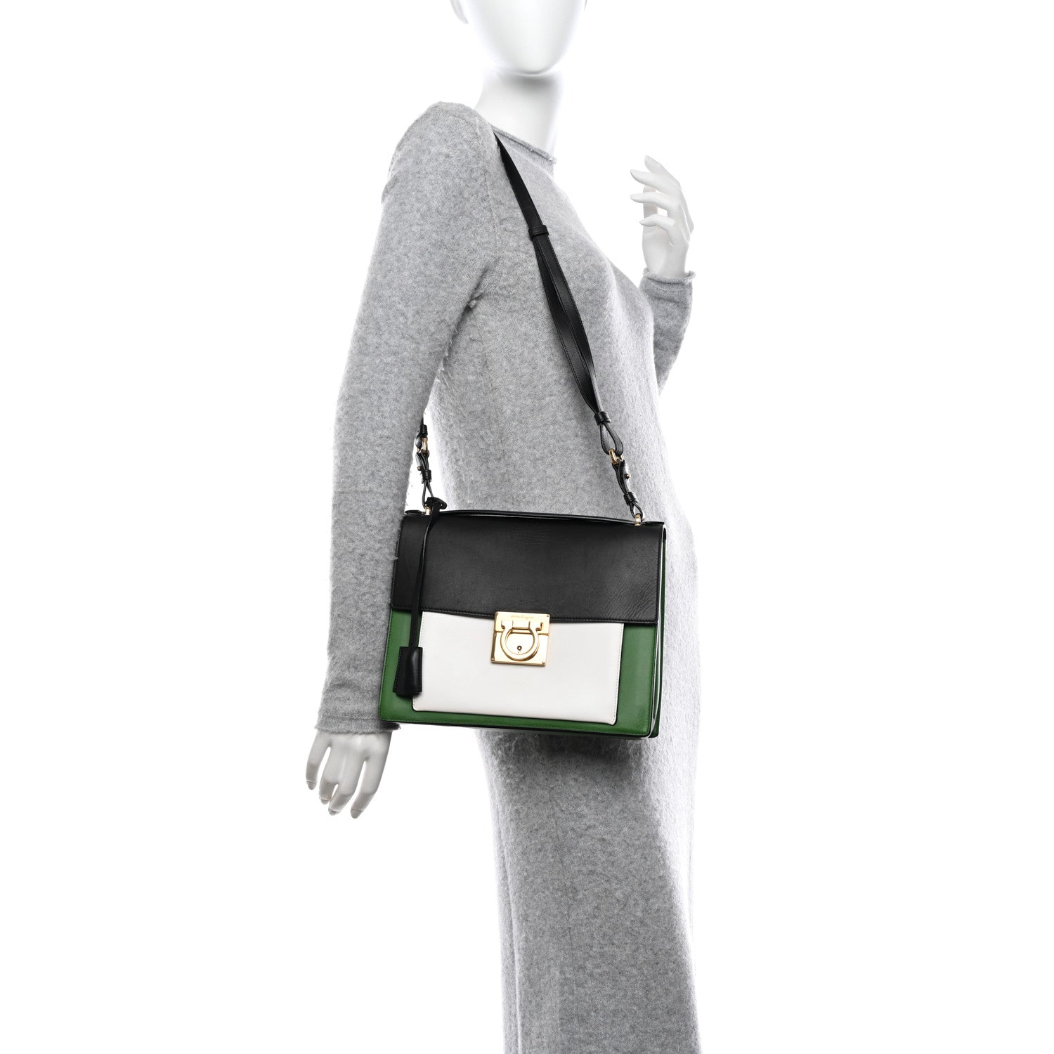 Salvatore Ferragamo Calfskin Colorblock Marisol Top Handle Shoulder Bag Black Green White 2 of 10