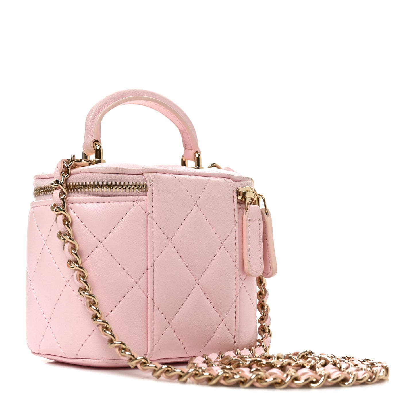 Lambskin Quilted Mini Top Handle Vanity Case With Chain Light Pink