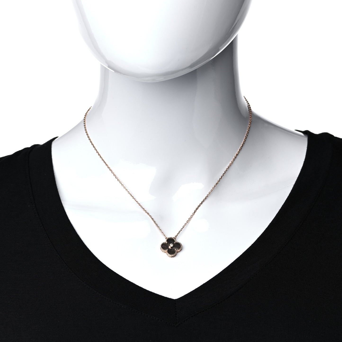 18K Rose Gold Diamond Grey Mother of Pearl Vintage Alhambra Pendant Necklace