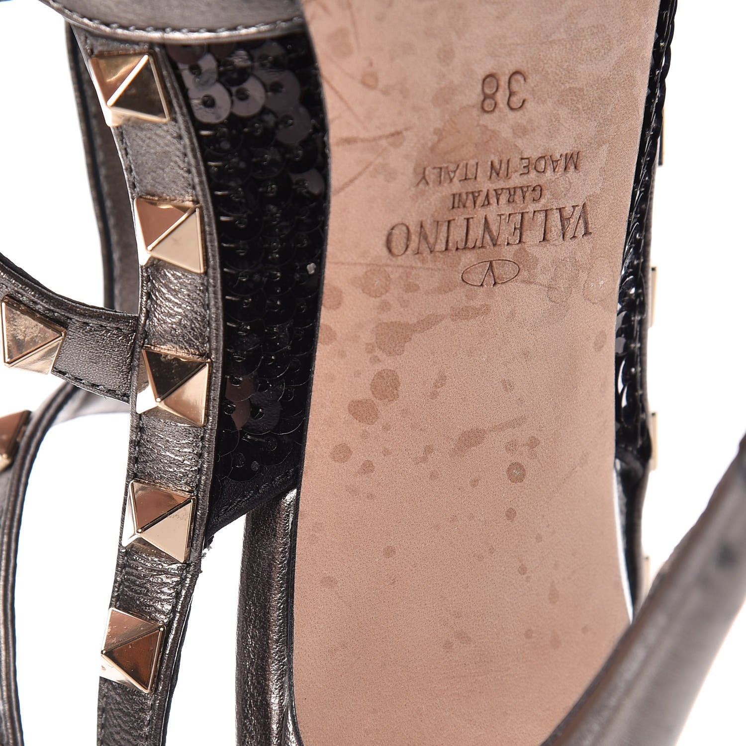 Valentino Garavani Sequin Metallic Nappa Rockstud Ankle Strap 100mm Pumps 38 Black Rutenio 12 of 14